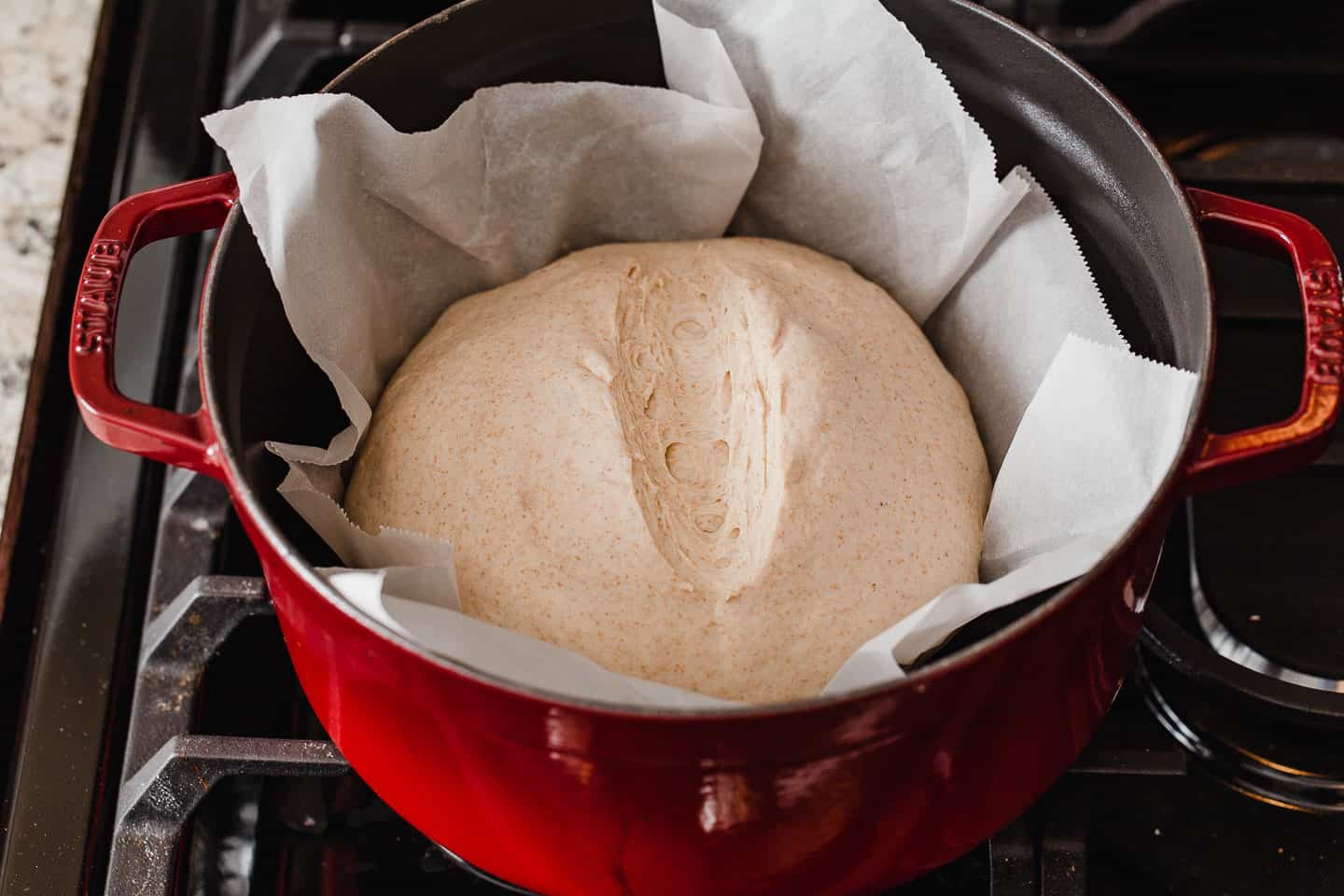 A dutch oven with a ball of sourdough that has been scored right before baking.