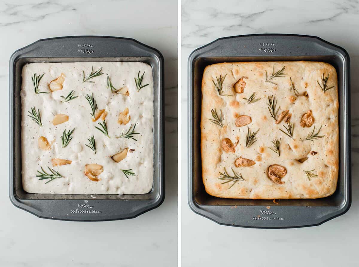 A before and after photo of unbaked and baked focaccia.