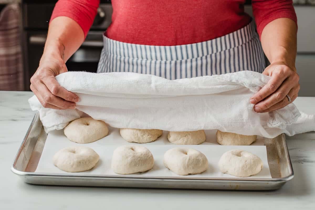 A woman covering bagel dough with a tea towel.