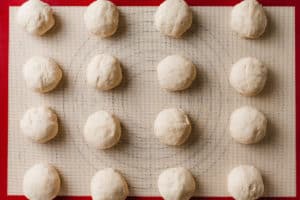 Sourdough tortilla dough balls resting on a silicone mat.