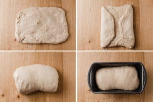Four photos showing how to shape dough for a loaf pan.