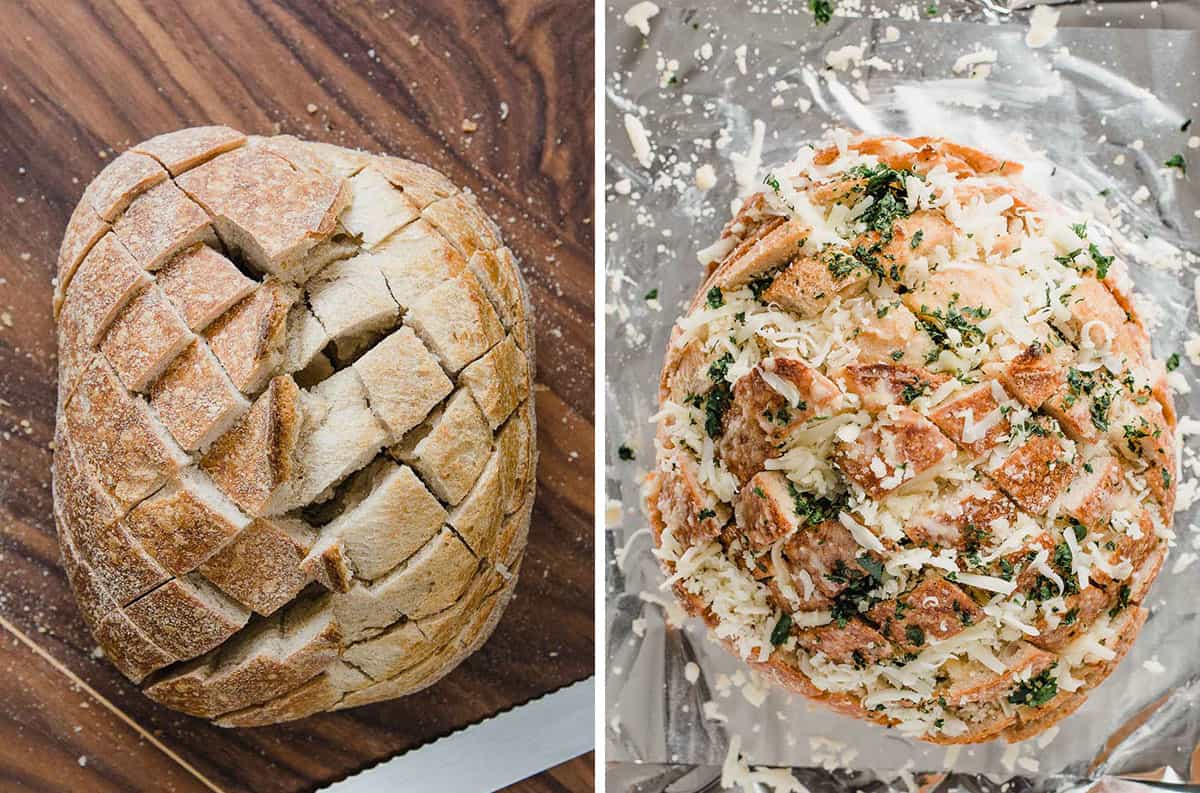 Two photos that show how to make pull apart garlic cheese bread.