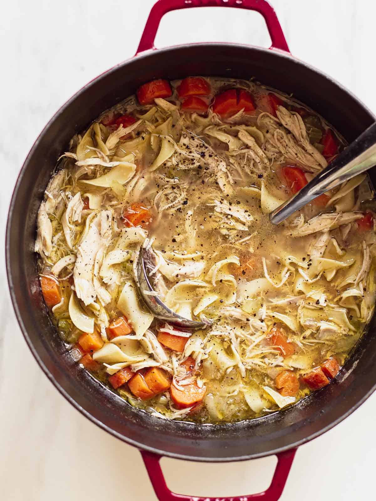 Chicken noodle soup in a stockpot.