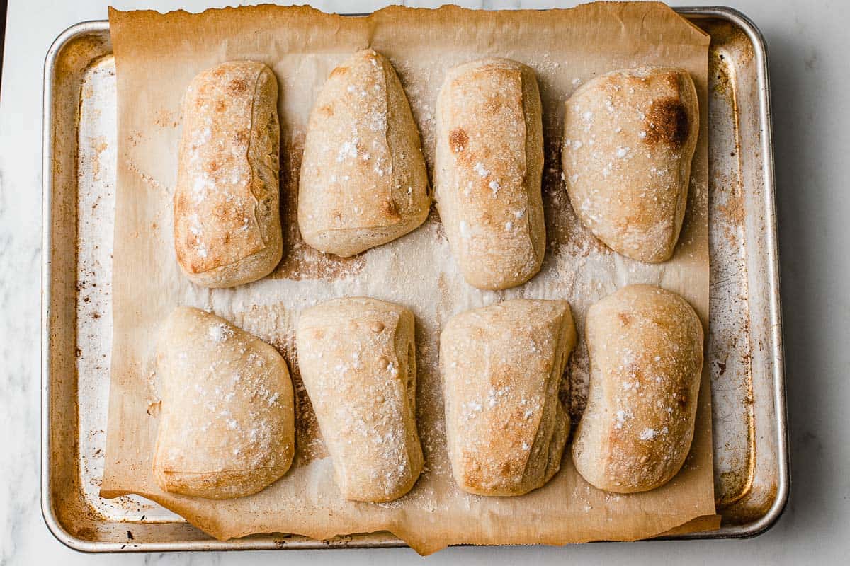 Sourdough ciabatta rolls on a baking sheet.