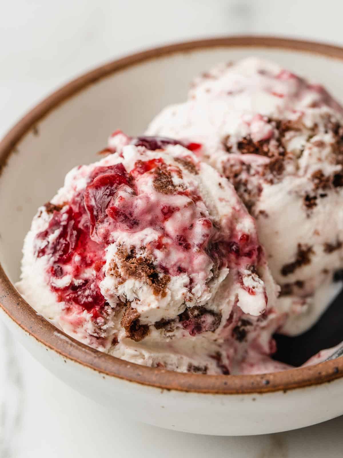 Chocolate cherry swirl ice cream in a bowl.