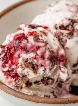Chocolate cherry swirl ice cream in a bowl.