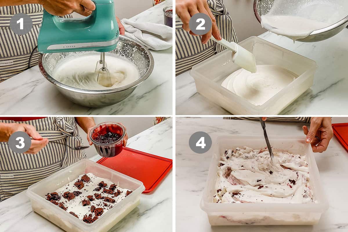 A photo collage showing the steps needed to make ice cream.