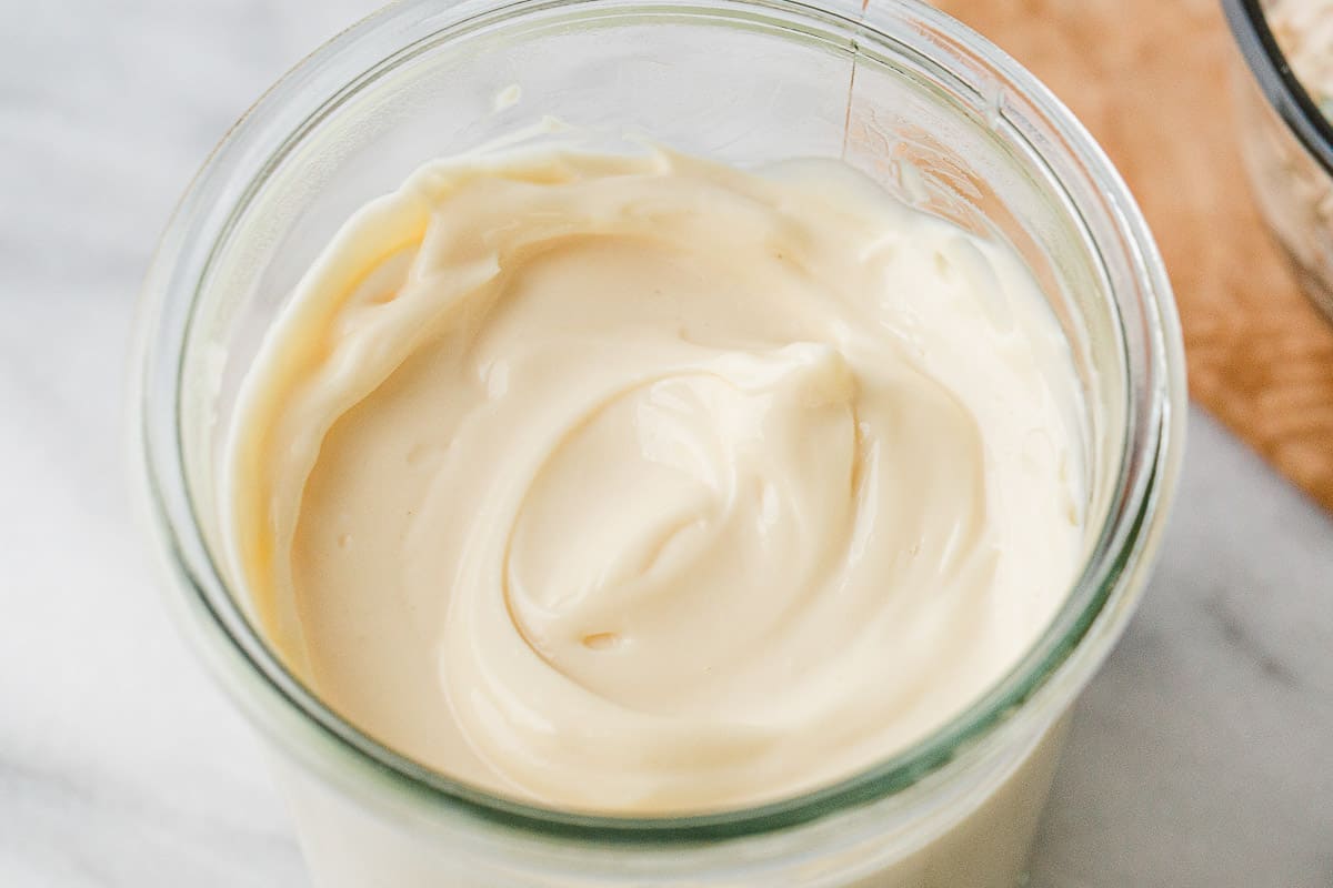 A closeup up picture of mayonnaise.