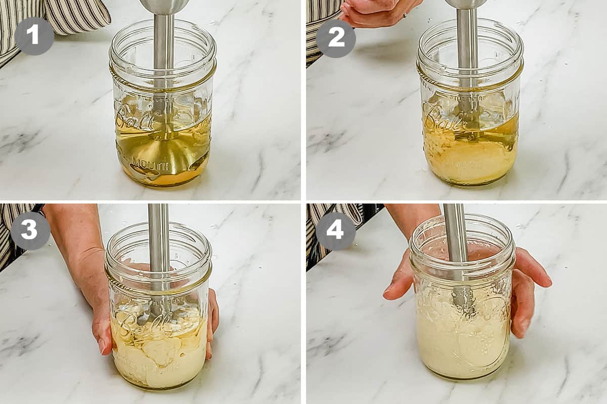 Four photos showing how to make mayonnaise.