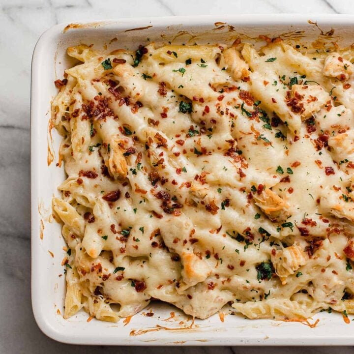 Chicken bacon ranch casserole in a baking dish.