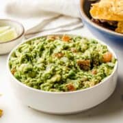 Freshly made guacamole in a bowl.