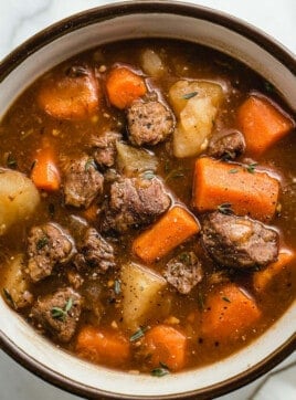 A top view of beef stew in a bowl.