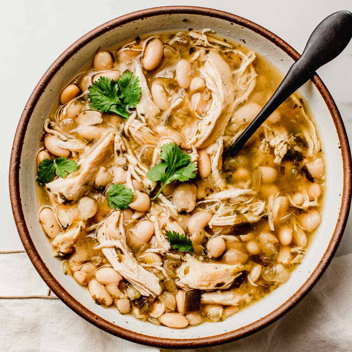 Slow cooker chicken chili verde in a bowl.