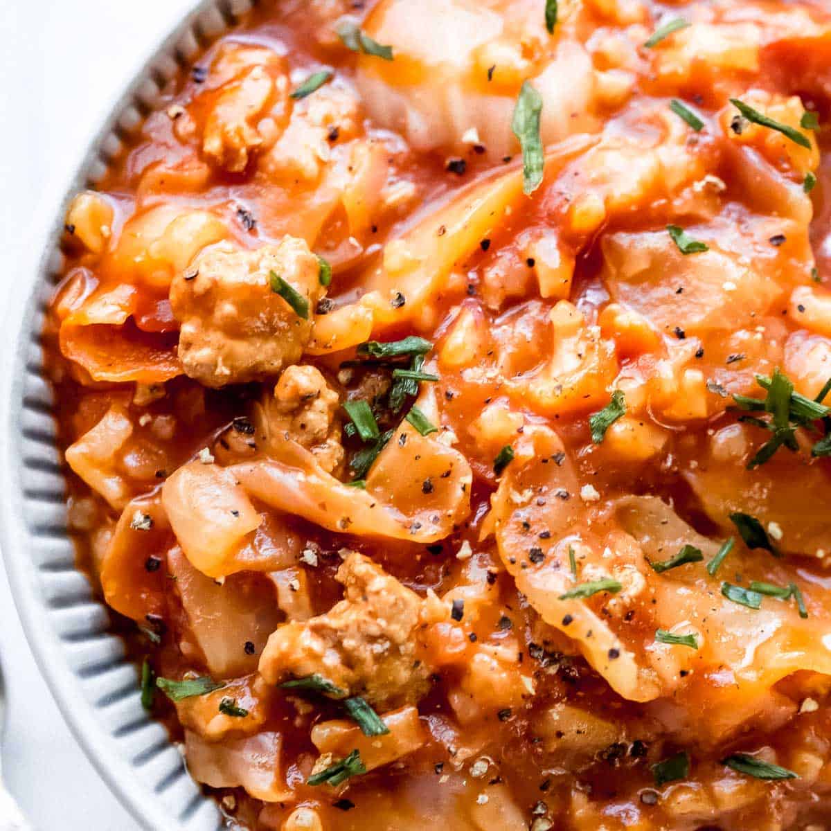 Cabbage roll soup in a bowl.
