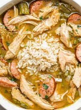 A closeup photo of turkey gumbo in a bowl.