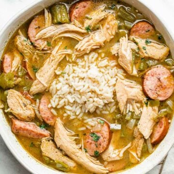 A closeup photo of turkey gumbo in a bowl.