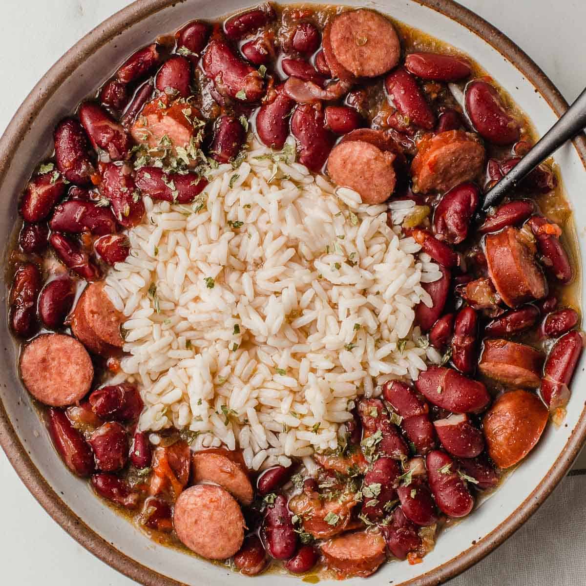 Slow cooker red beans and rice in a bowl.