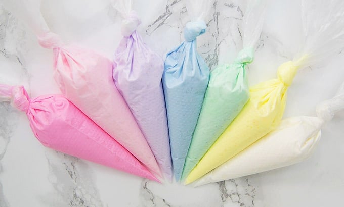 Bags of colored royal icing.
