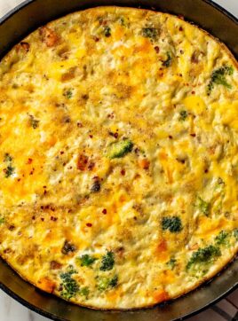 Sweet potato and broccoli frittata in a skillet.