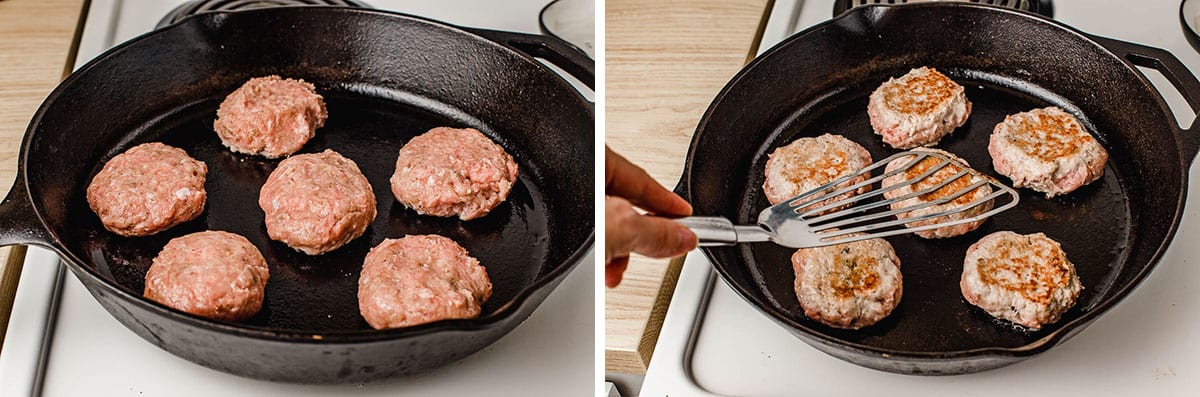 Homemade sausage cooking in a cast iron skillet.
