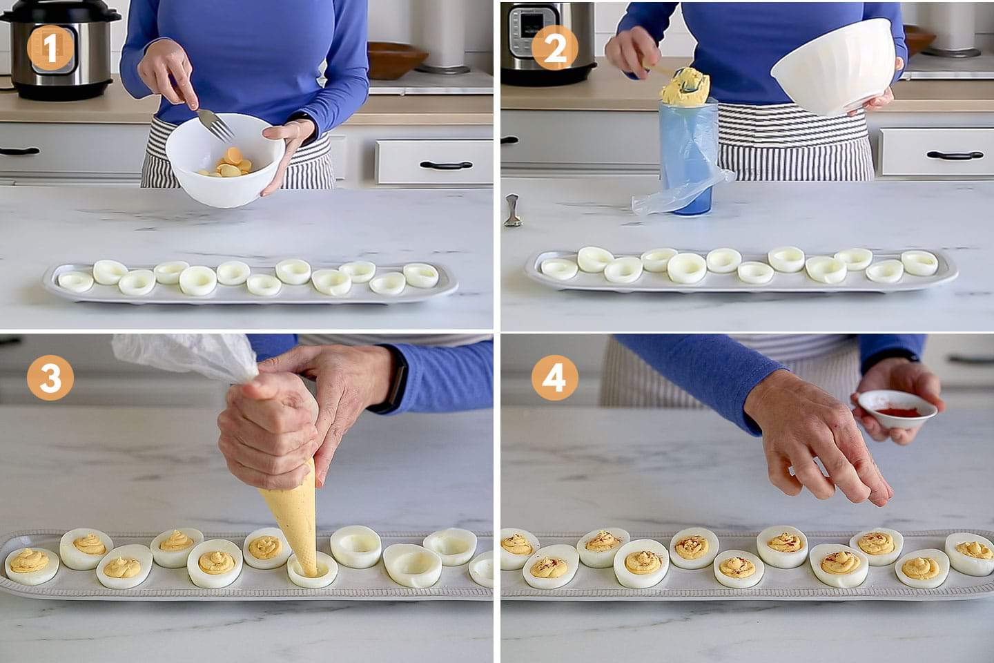 Four photos showing a person making deviled eggs.