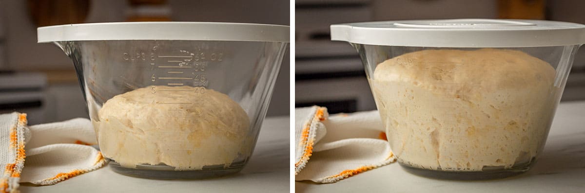 Two photos showing the dough doubled in size.