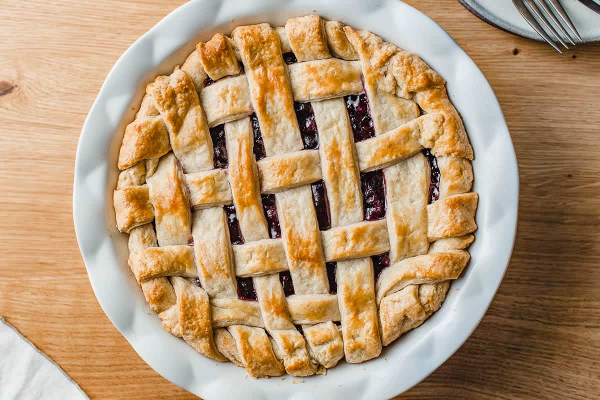 Blueberry pie with a lattice crust.