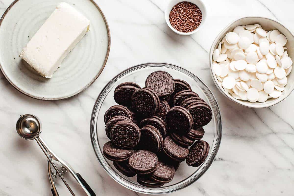 Oreo balls ingredients on a table.