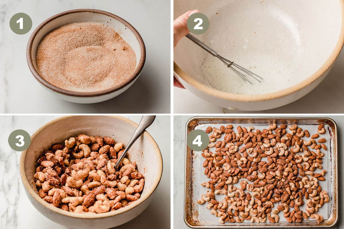 Four photos showing the steps to make candied nuts.