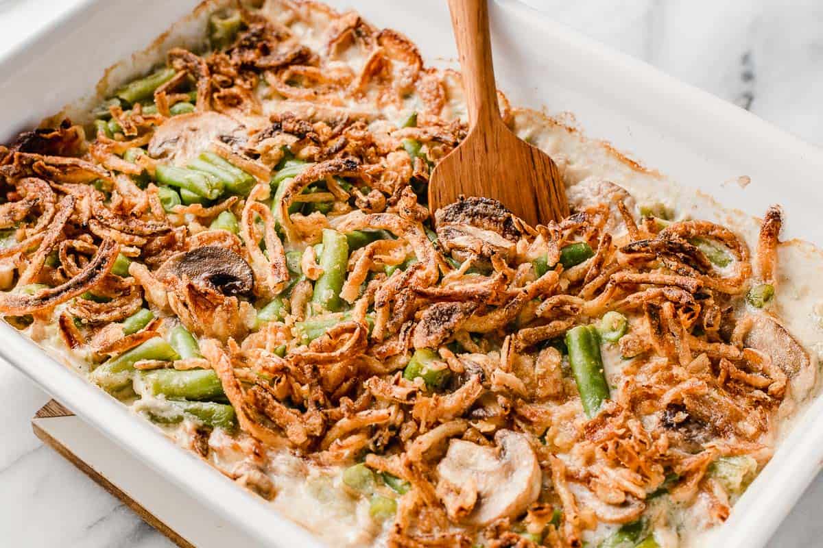 A baked green bean casserole on a table.
