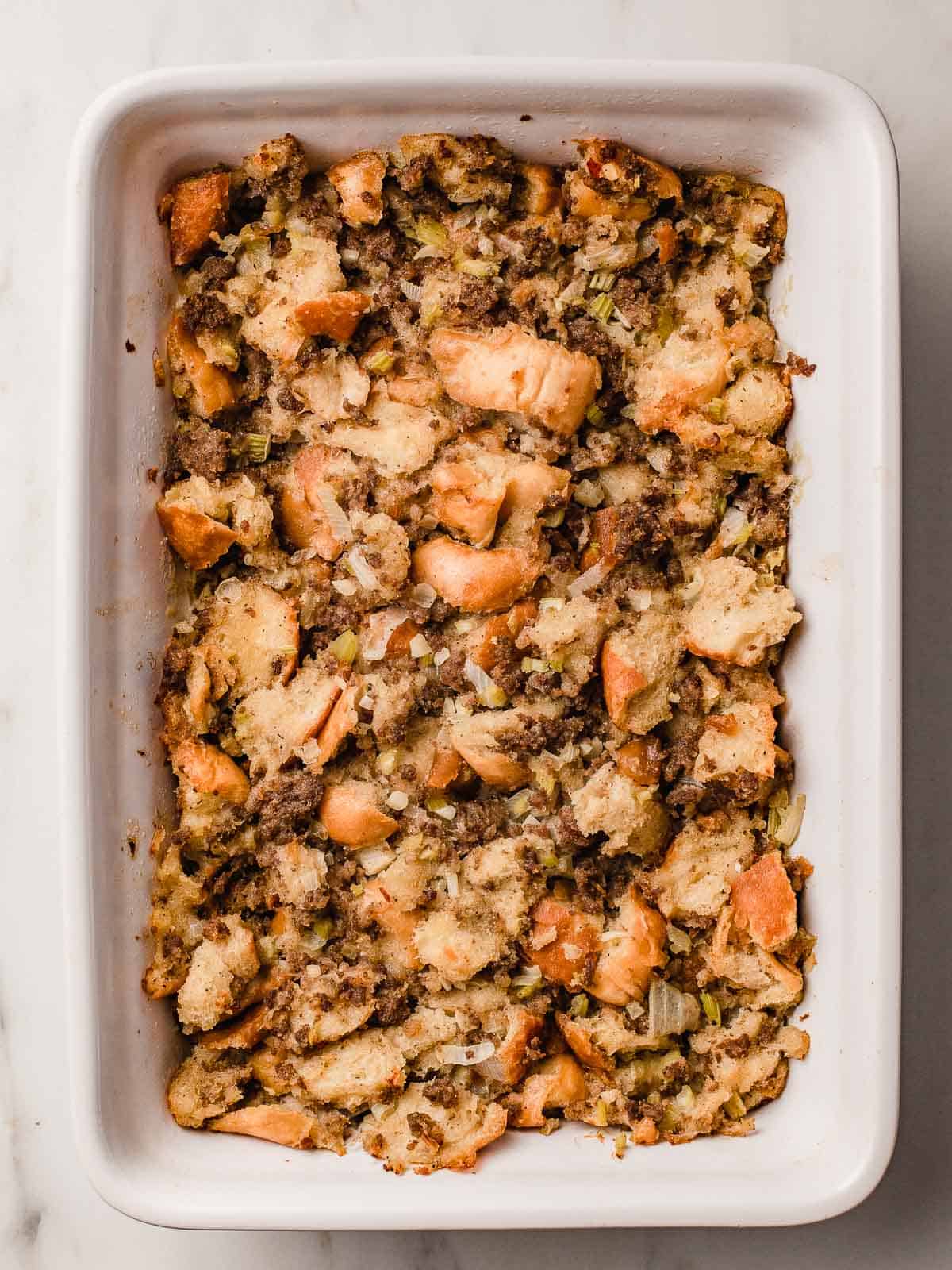 Sausage bread stuffing in a baking dish.