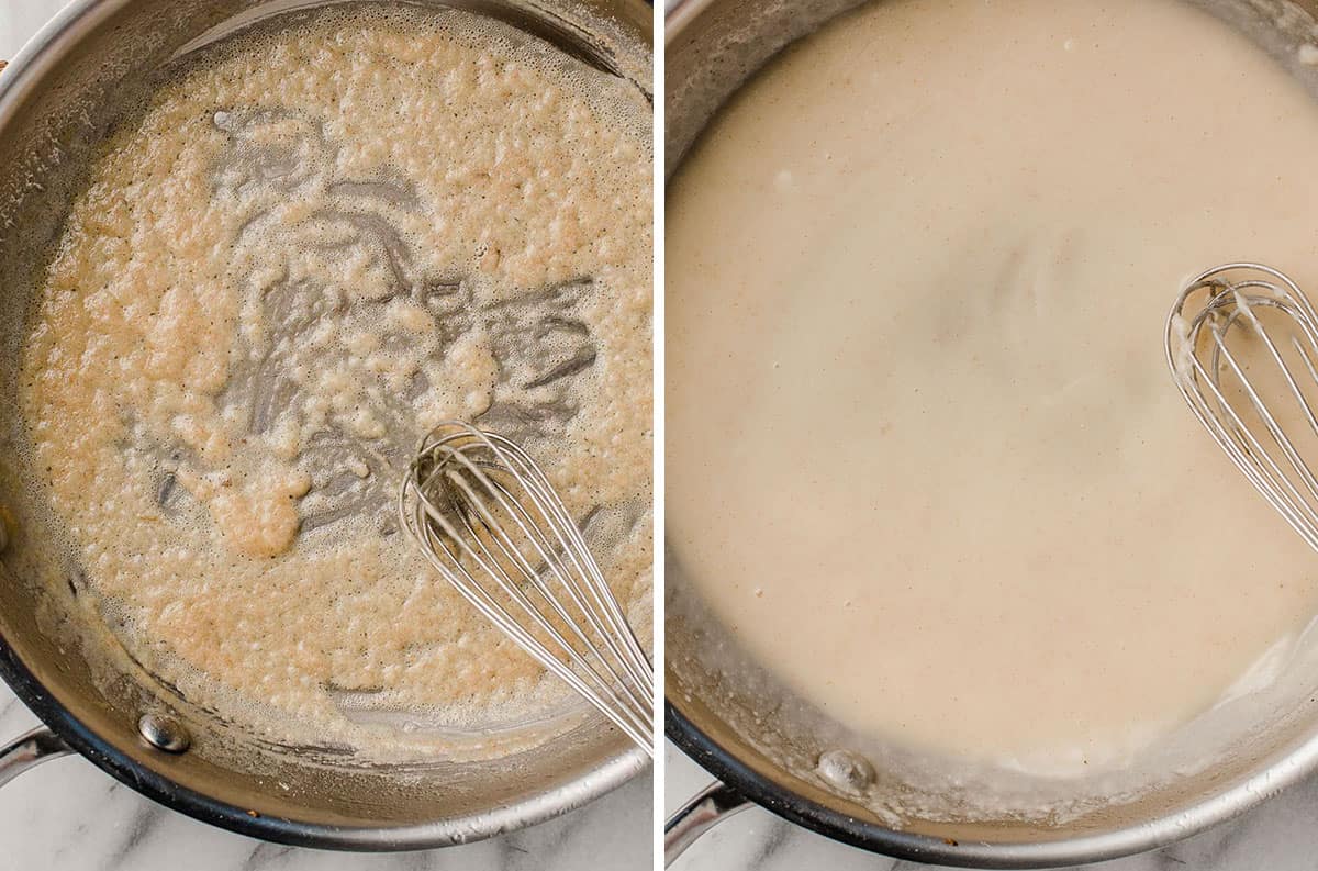 Cooking flour and butter to make a roux.