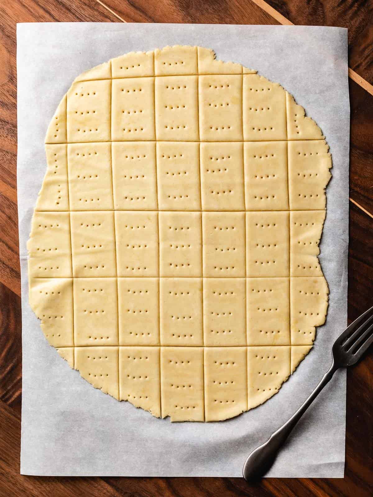Sourdough butter cracker dough cut out on parchment paper.