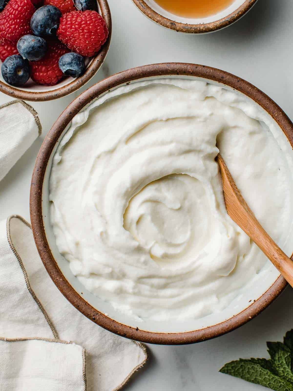 Greek style homemade raw milk yogurt in a bowl.