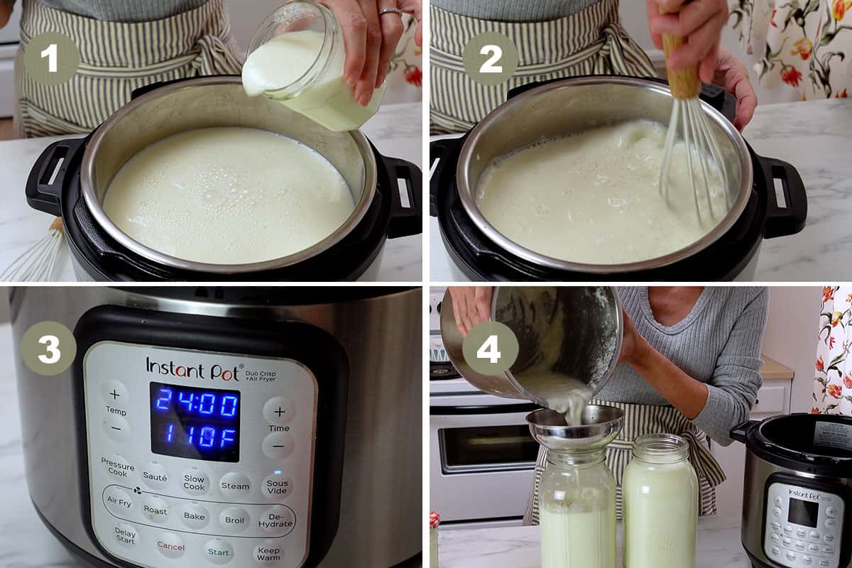Four photos showing how to make yogurt in an Instant Pot.
