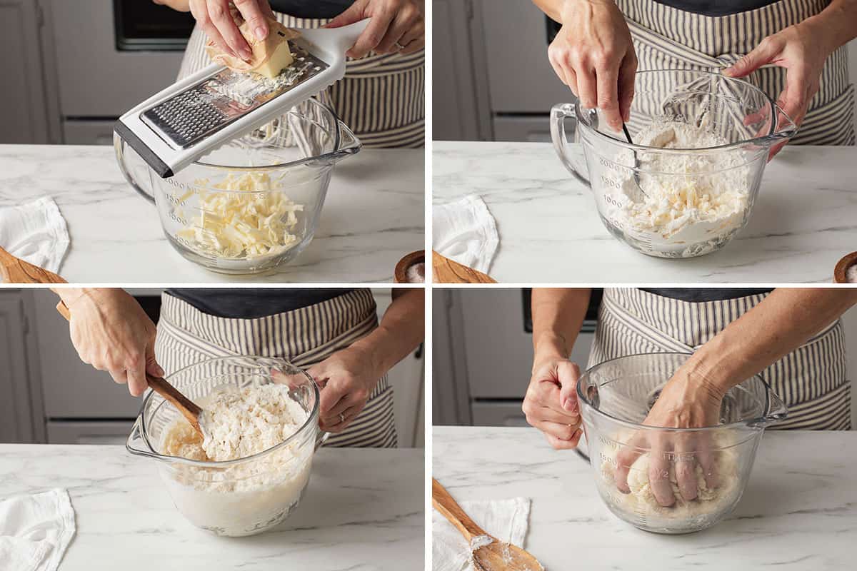 Four photos showing a woman mixing the biscuit dough.