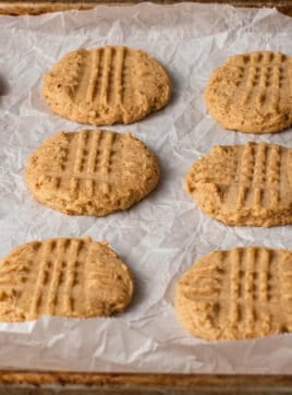 A baking sheet with sourdough peanut butter cookies.