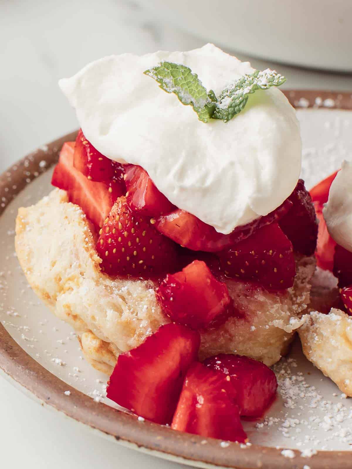 Sourdough strawberry shortcake on a plate with powdered sugar.