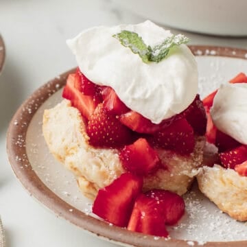 Sourdough strawberry shortcake on a plate.