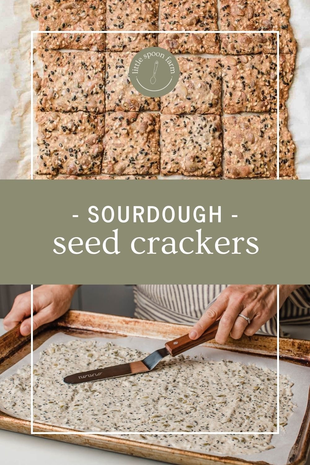 A collage of two photos for making sourdough seed crackers.
