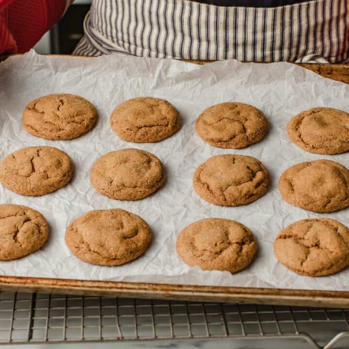 A woman holding a tray of baked sourdough ginger molasses cookies.