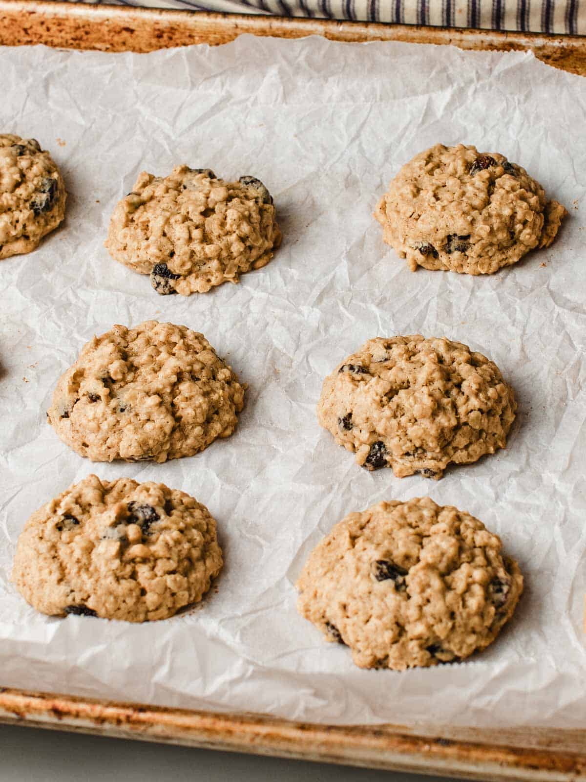 Sourdough oatmeal raisin cookies on a baking sheet.