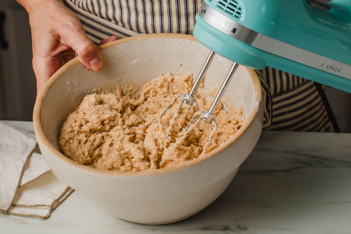 Sourdough snickerdoodle cookie dough in a mixing bowl.