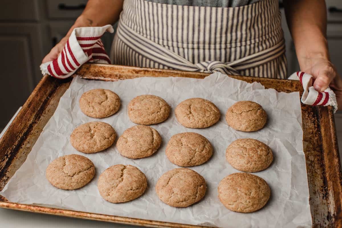 Sourdough snickerdoodle cookies on a baking sheet.