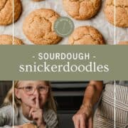 A little girl sneaking a sourdough snickerdoodle cookie.