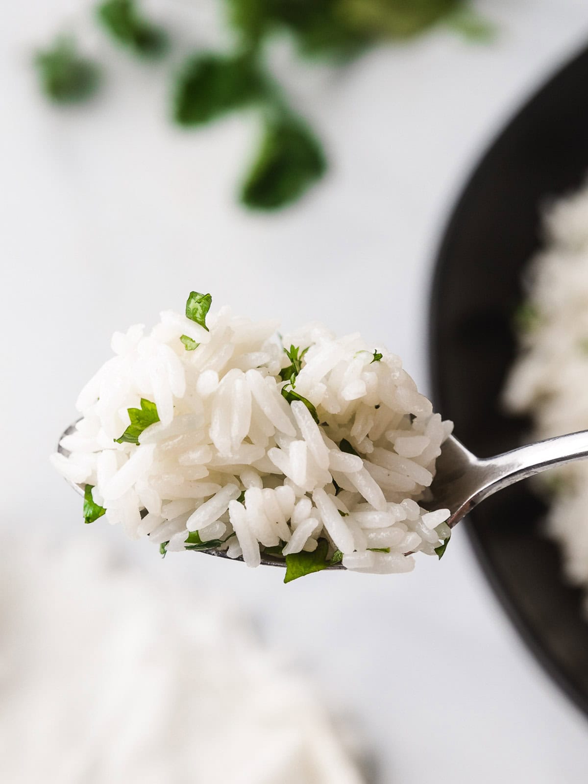 Cilantro lime rice on a fork.