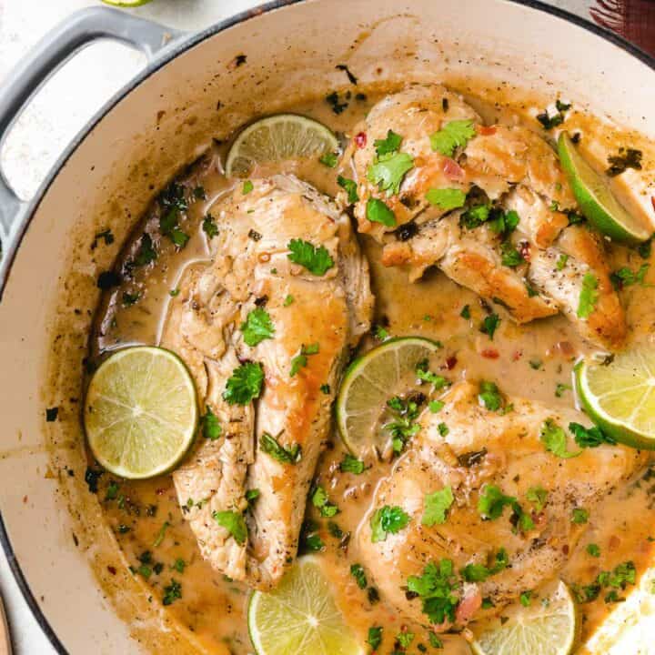 A skillet of coconut lime chicken.