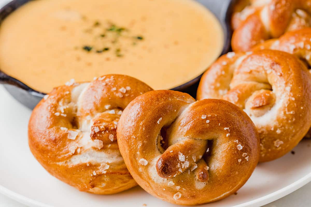 Sourdough pretzels with cheese dip.
