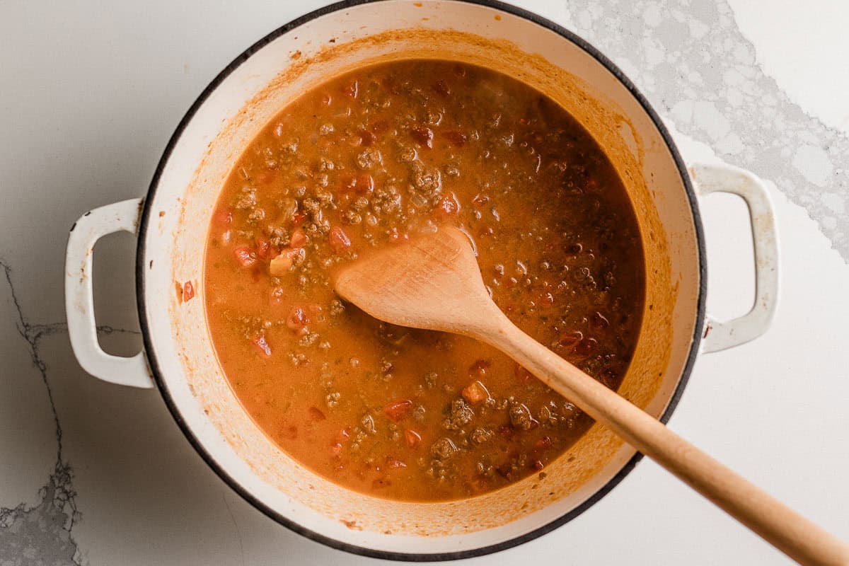 Beef broth added to pot for Cheeseburger  casserole.