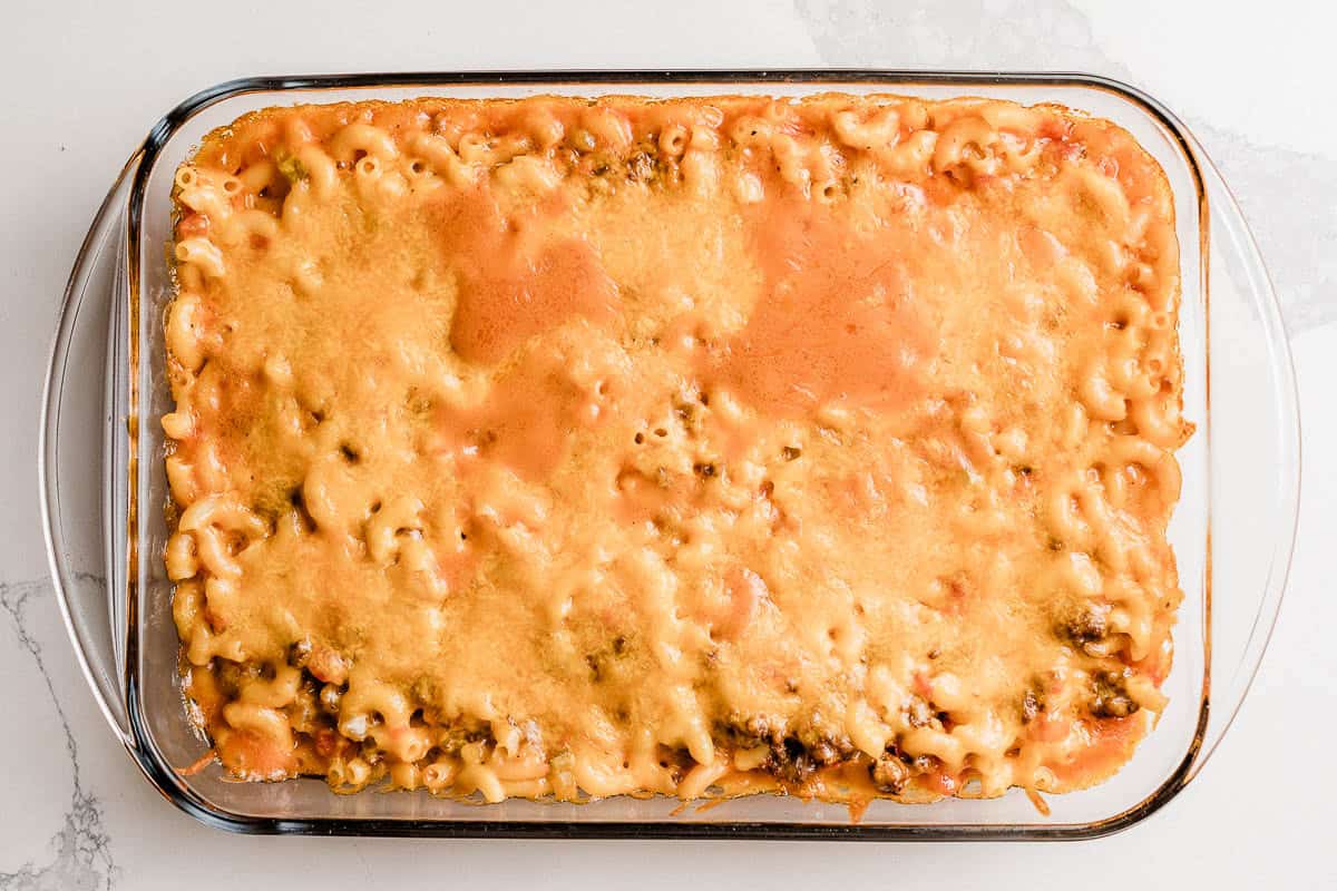 Cheeseburger  casserole baked in a baking dish.